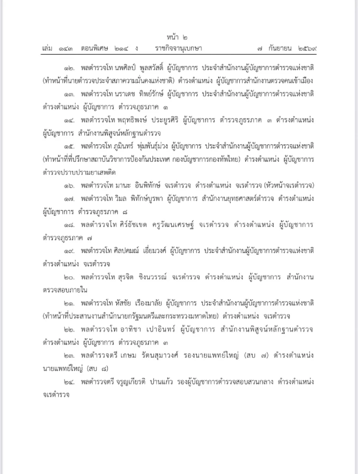 โปรดเกล้าฯ แต่งตั้งข้าราชการตำรวจ ระดับ รอง ผบ.ตร.-ผบก. จำนวน 281 ราย