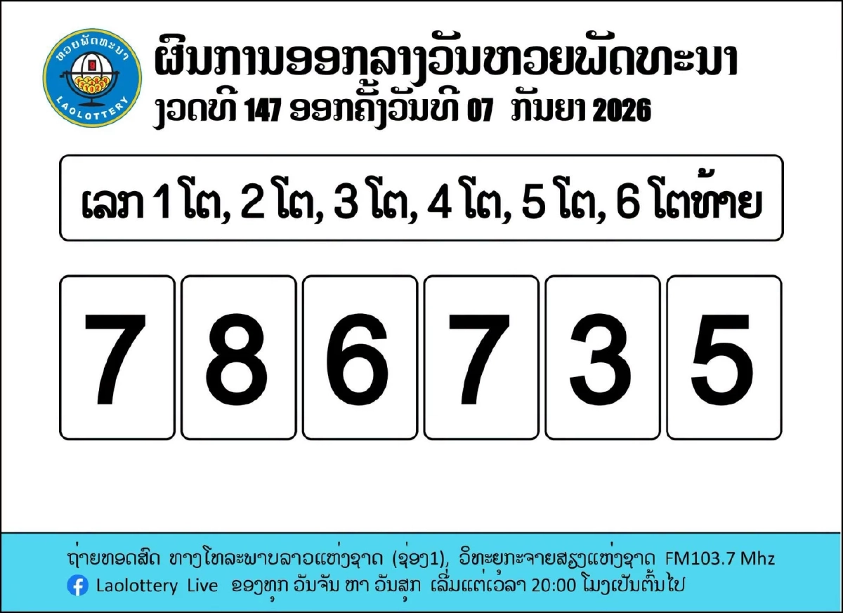 ตรวจหวยลาววันนี้ ล่าสุด 7/9/69 หวยลาววันนี้ ผลหวยลาว 7 กันยายน 2569