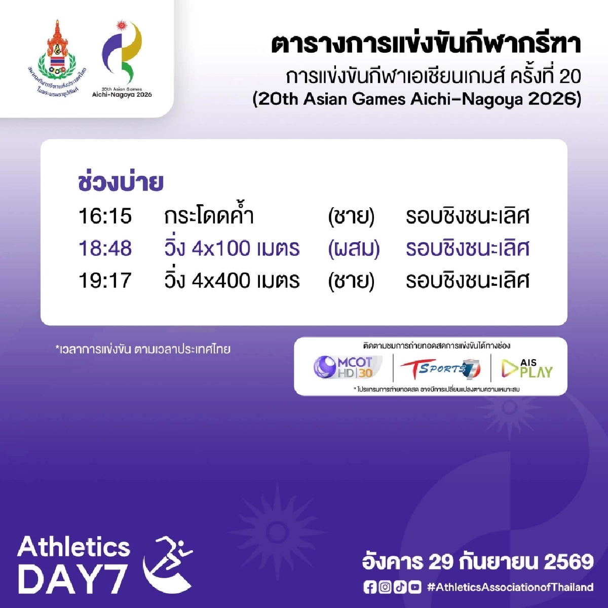 เช็กตารางแข่งขัน ถ่ายทอดสด ทัพนักกีฬากรีฑาไทย เอเชียนเกมส์ 2026
