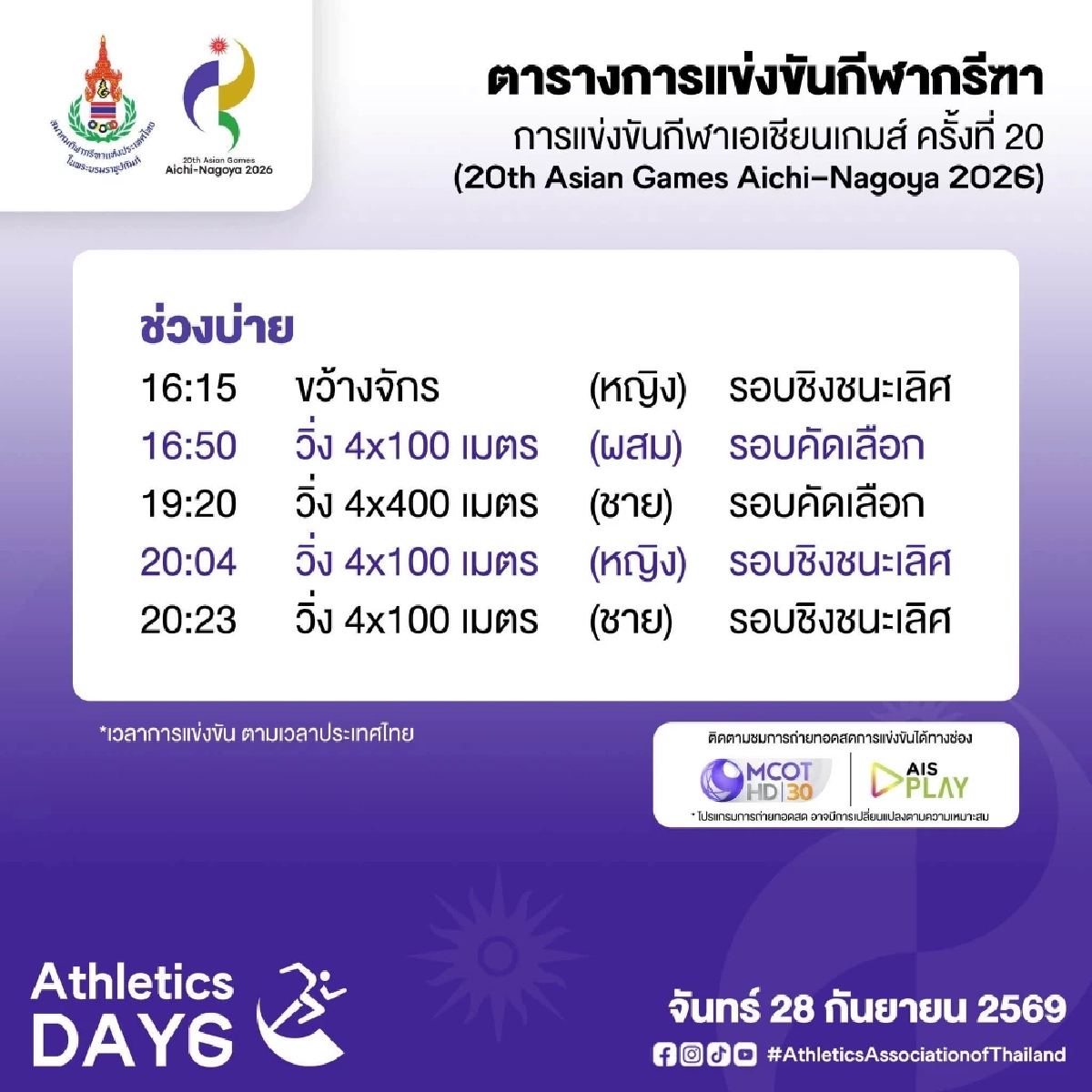 เช็กตารางแข่งขัน ถ่ายทอดสด ทัพนักกีฬากรีฑาไทย เอเชียนเกมส์ 2026