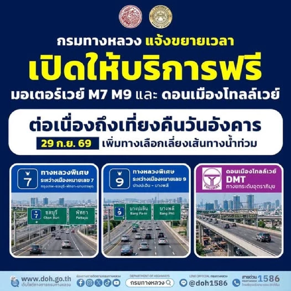 ขยายเวลาฟรี "ทางด่วน-มอเตอร์เวย์-โทลล์เวย์"  ถึงเที่ยงคืน 29 ก.ย.นี้