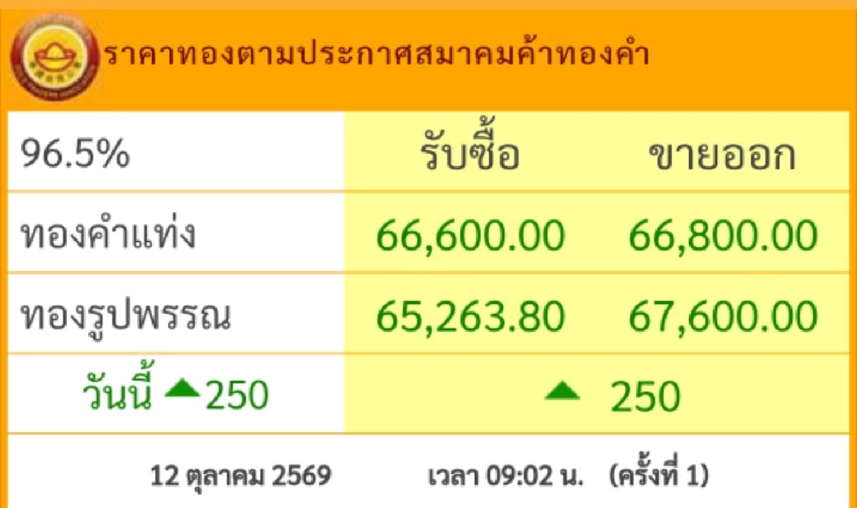 ราคาทองคำวันนี้ 12 ต.ค. 69 เปิดตลาด "ปรับขึ้น" เช็กล่าสุดกี่บาท