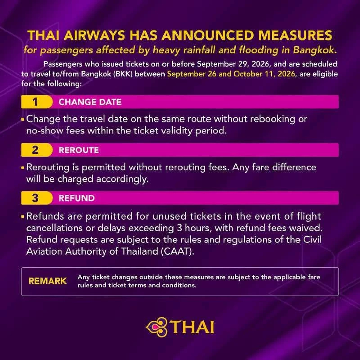 การบินไทยฯ ประกาศมาตรการเยียวยาผู้โดยสารได้รับผลกระทบน้ำท่วม