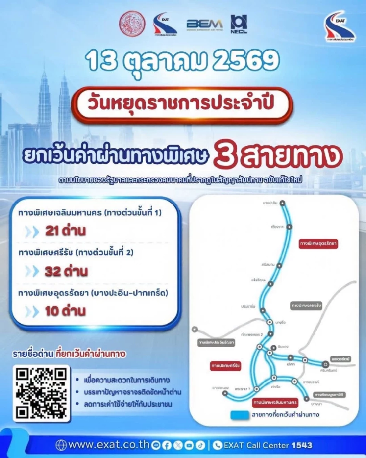 13 ตุลาคม 2569 วันหยุดราชการ "ขึ้นทางด่วนฟรี" 3 สายทาง รวม 63 ด่าน