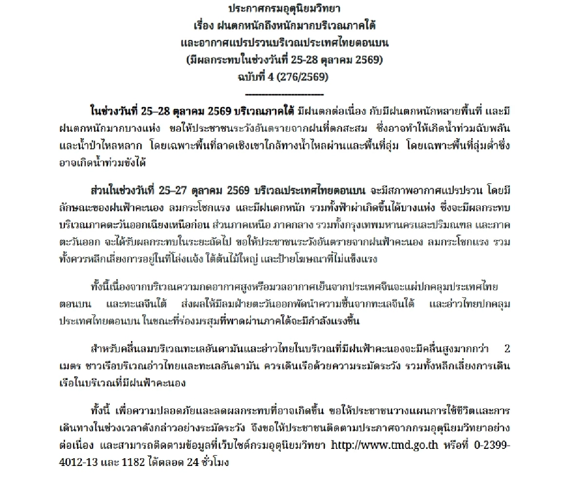 สภาพอากาศวันนี้ 25 ต.ค. อุตุเตือน '7 จังหวัดใต้' ฝนหนักมาก สงขลาก็โดน