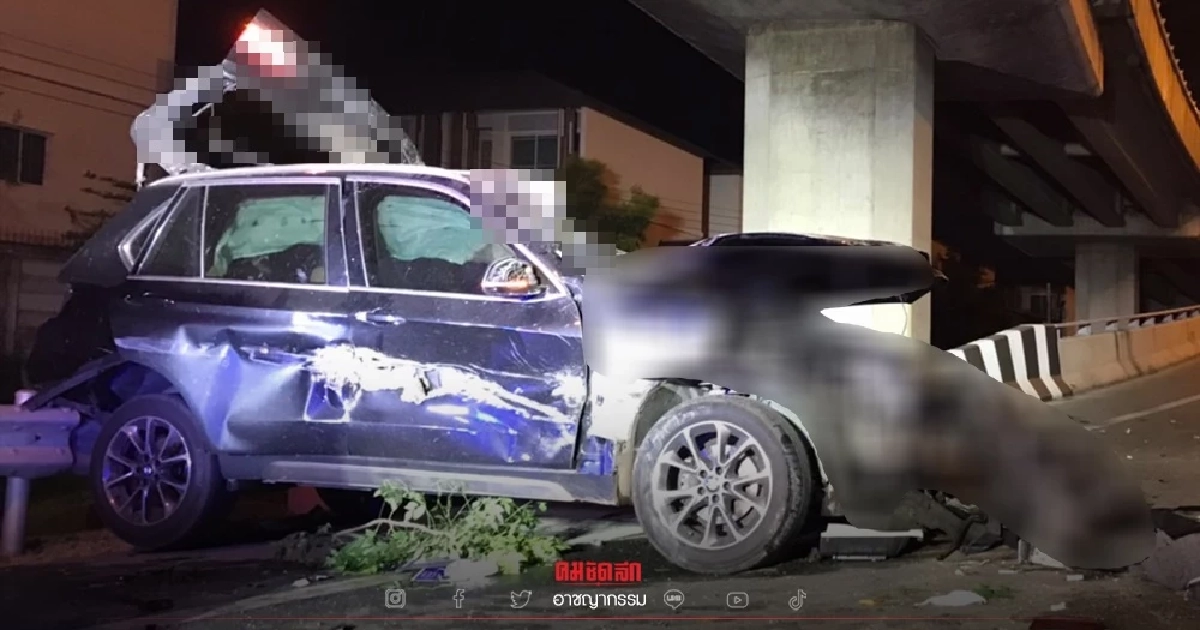 รอดปาฏิหาริย์ หนุ่มใหญ่ ซิ่ง BMW "ตกทางด่วน" เมืองทองธานี คนขับติดคาซากรถ