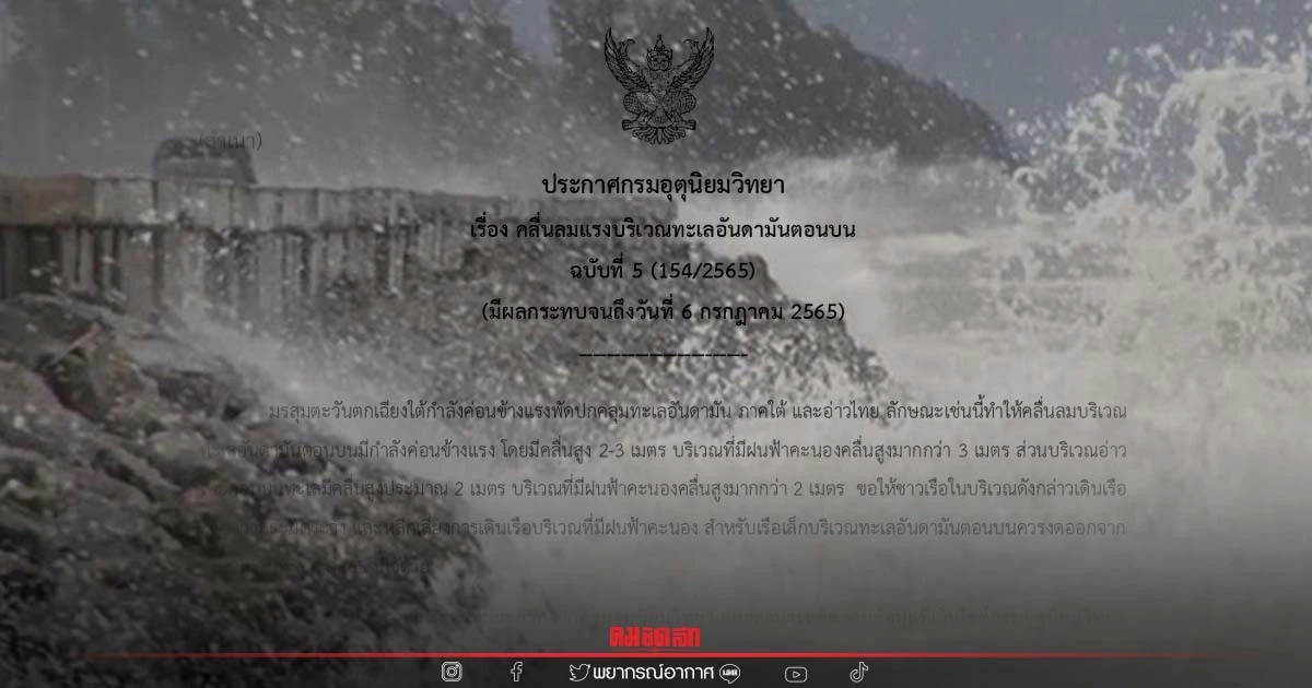 "พยากรณ์อากาศวันนี้" เตือนคลื่นลมแรง ฉ.5 คลื่นสูง 2-3 เมตร ไทยตอนบนฝนตกหนัก "พยากรณ์อากาศวันนี้" เตือนคลื่นลมแรง ฉ.5 คลื่นสูง 2-3 เมตร ไทยตอนบนฝนตกหนัก