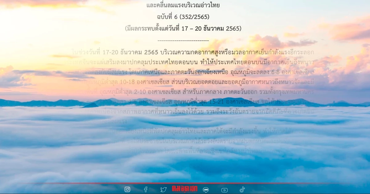 "พยากรณ์อากาศ" ทั่วไทย อุณหภูมิ ลดลง กทม. ลด 2-4 องศาฯ ยอดดอยหนาวจัด "พยากรณ์อากาศ" ทั่วไทย อุณหภูมิ ลดลง กทม. ลด 2-4 องศาฯ ยอดดอยหนาวจัด