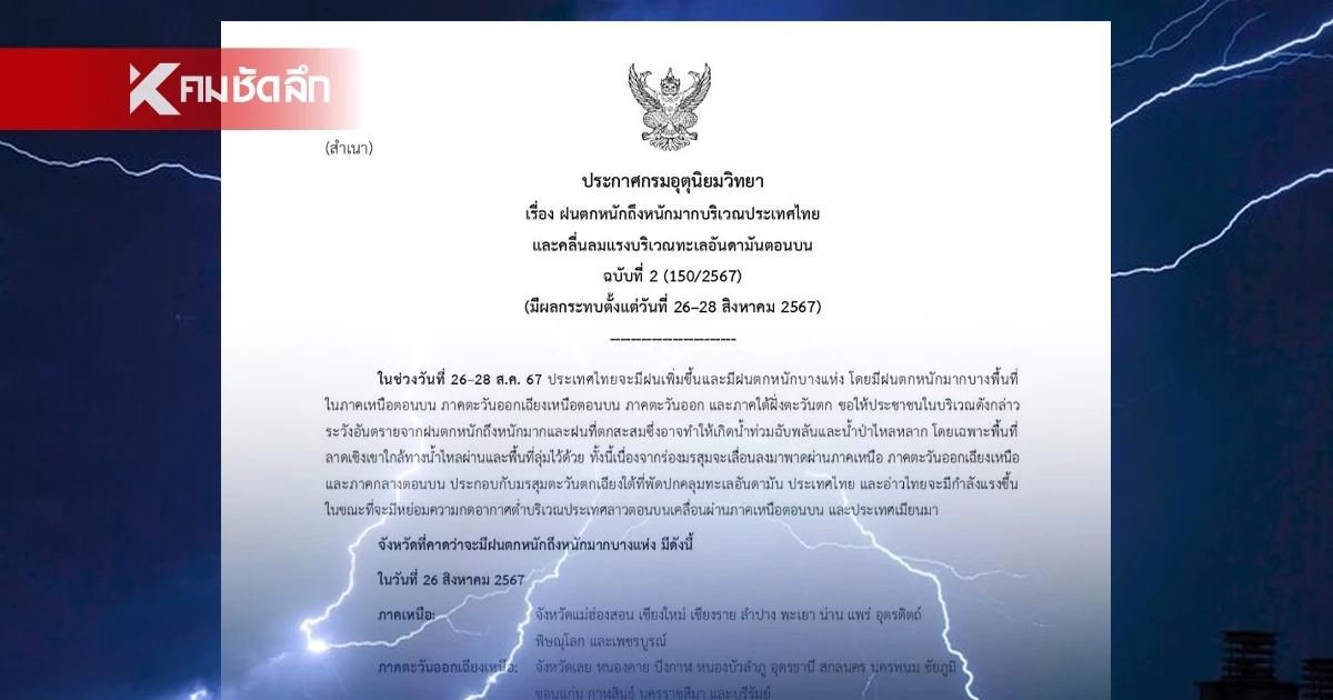"สภาพอากาศ" เตือน ฝนตกหนักมาก ฉบับ 2 เช็ก พื้นที่โดน ฝนถล่ม วันนี้ รวม กทม.