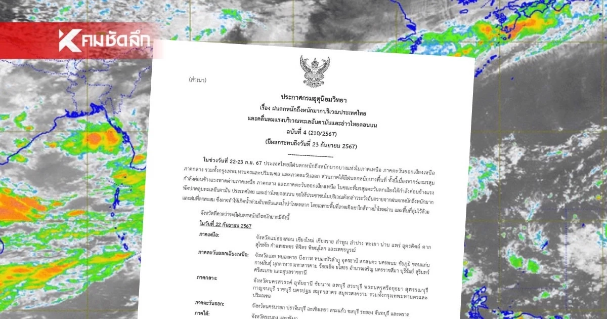 พยากรณ์อากาศวันนี้ 22 ก.ย. 67 กรมอุตุประกาศฉบับ 4 เตือน 61 จังหวัด ฝนตกหนักมาก