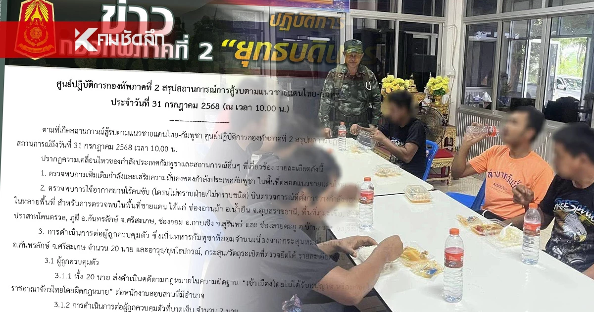 ยอมจำนน! เพราะกระสุนหมด ส่งทหารกัมพูชา 20 นาย ดำเนินคดี ฐานเข้าเมืองผิด กม. ยอมจำนน! เพราะกระสุนหมด ส่งทหารกัมพูชา 20 นาย ดำเนินคดี ฐานเข้าเมืองผิด กม.