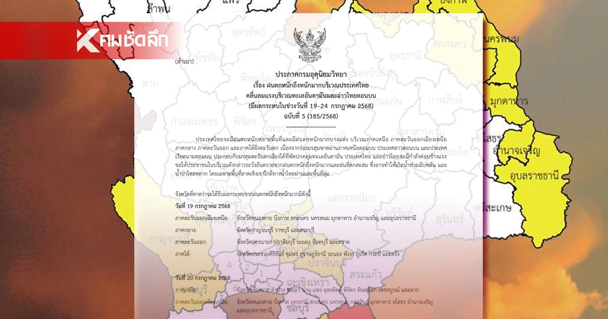 ฉบับ 5 เตือน "กรมอุตุฯ" ส่งสัญญาณ 19 - 24  ก.ค. 68 ฝนตกอ่วมเสี่ยงหลายจุด