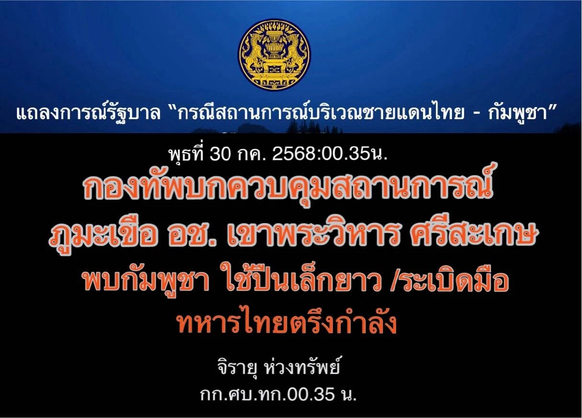 เวลา 00.35 น. โฆษกรัฐบาลแจ้ง สถานการณ์ชายแดนไทย-กัมพูชา เวลา 00.35 น. โฆษกรัฐบาลแจ้ง สถานการณ์ชายแดนไทย-กัมพูชา