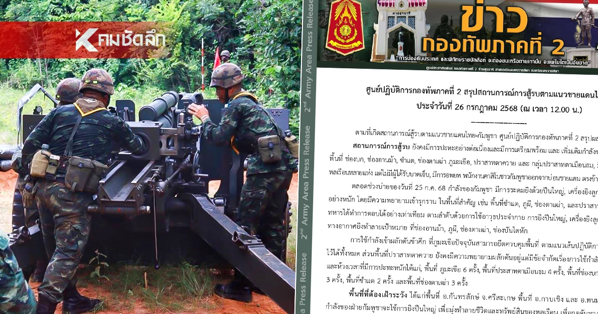 สรุปสถานการณ์ 26 ก.ค. 2568 เวลา 12.00 น. ปะทะหลายจุด อพยพ พนง.คาสิโน ชาวกัมพูชา ออกจากบ่อน