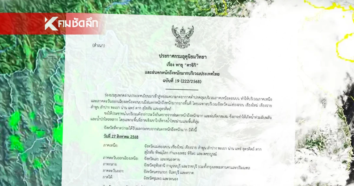 ฉบับที่ 19 พายุ "คาจิกิ" เช็ก 31 จังหวัด รับมือฝนตกหนักมาก น้ำท่วม น้ำป่า ฉบับที่ 19 พายุ "คาจิกิ" เช็ก 31 จังหวัด รับมือฝนตกหนักมาก น้ำท่วม น้ำป่า