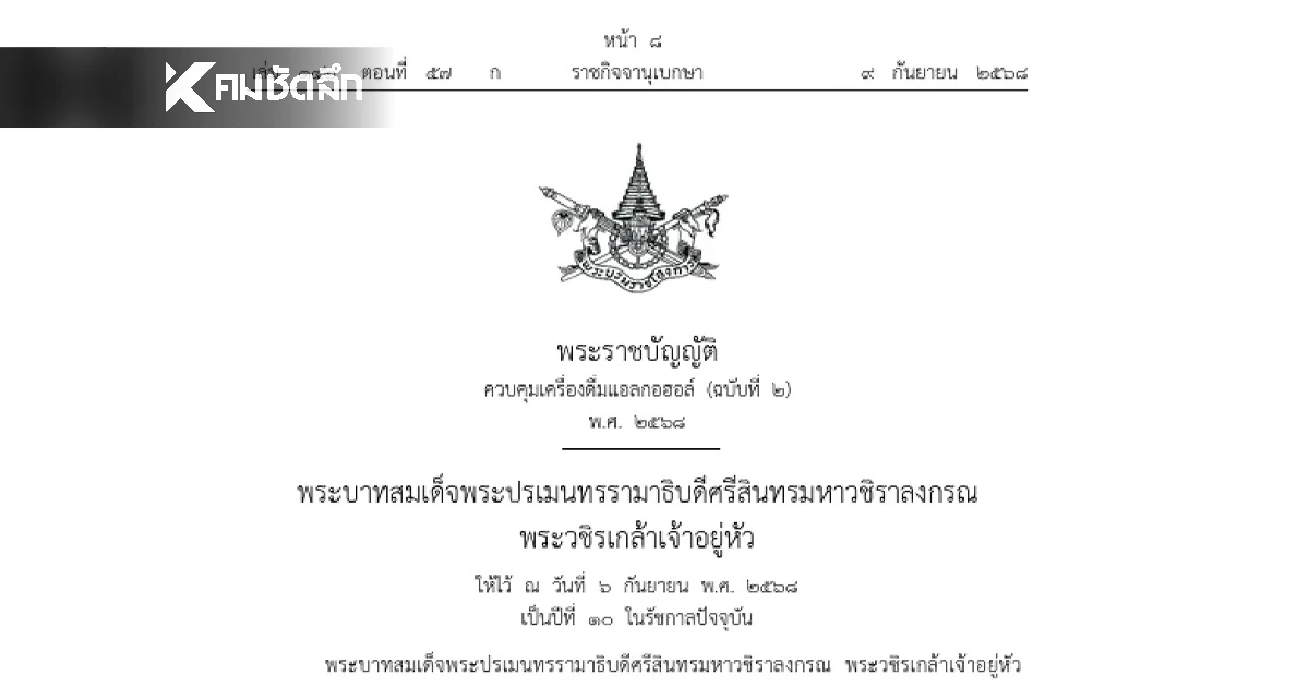 อ่านฉบับเต็ม! พ.ร.บ.ควบคุมเครื่องดื่มแอลกอฮอล์ มีผลบังคับใช้วันนี้  8 พ.ย 68