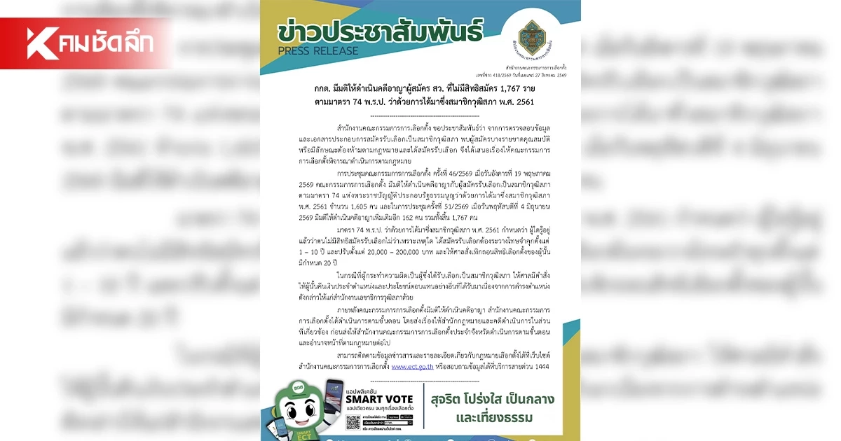 กกต. มีมติ ดำเนินคดีอาญาผู้สมัคร สว. ขาดคุณสมบัติ 1,767 ราย