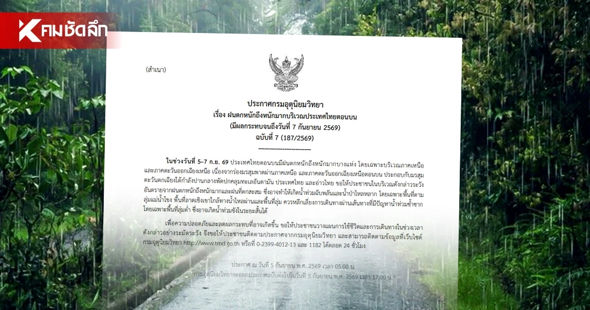กรมอุตุฯ เตือนภัย (ฉบับ 7) ไทยตอนบน ฝนตกหนักมาก เช็กสภาพอากาศวันนี้
