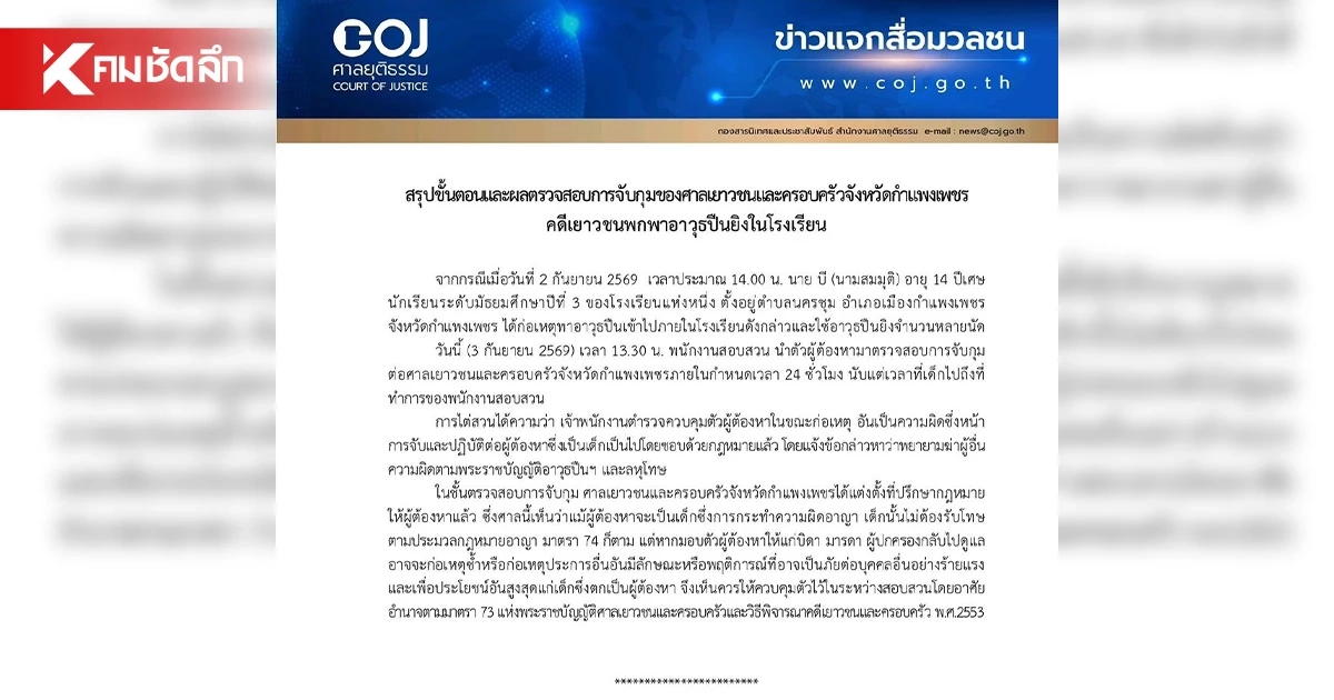 ศาลเยาวชนฯ กำแพงเพชร สั่งควบคุมตัว "นักเรียนชาย" ยิงปืนในโรงเรียน